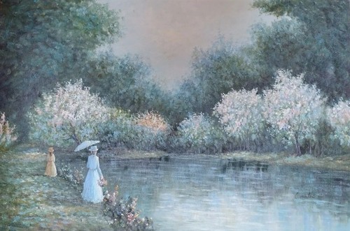 C Hunter (20th/21st Centuries) Oil on Canvas "On the Pond" Impressionism - Picture 2 of 4