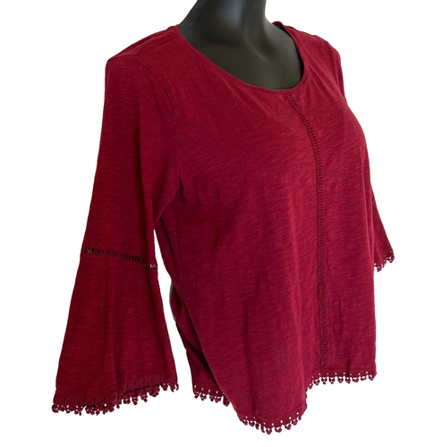 Style & Co Women's PM Blouse Dark Burgundy Moroccan Crochet Hem 3/4 Bell Sleeve - Picture 3 of 10