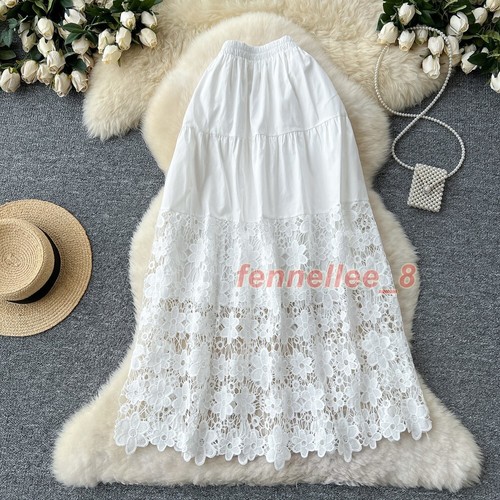 Womens Hollow Out Floral Lace Patchwork High Waist A Line Midi Skirt Party Dress - Picture 3 of 27