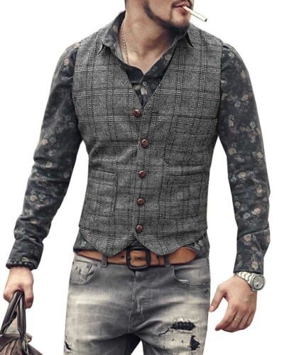 Mens Tweed Waistcoat Plaid Western Cowboy Herringbone Wool Vest Large XL XXL 3XL - Picture 13 of 16