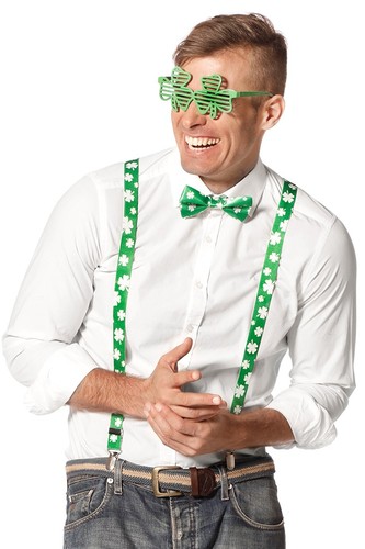 St. Patrick Set Irland Irisch Brille Hosenträger Fliege Grün Klee Glücksklee