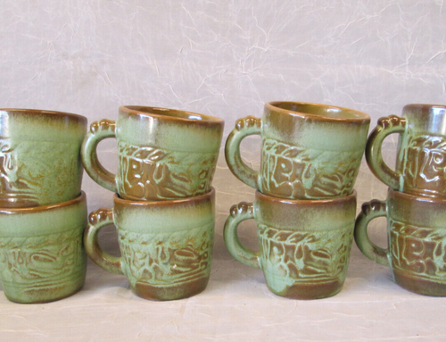 SET 8 FRANKOMA Pottery PRAIRE GREEN Mayan Aztec Coffee Mugs Cups Vintage 7C - Picture 2 of 10