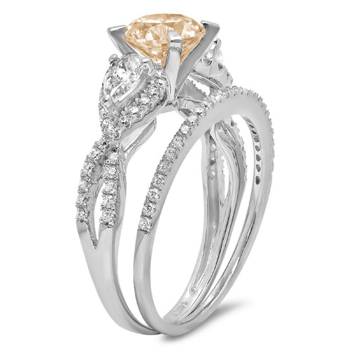 2 Round Pear 3 stone Real Morganite Wedding Statement Ring set 14k White Gold - Picture 7 of 11