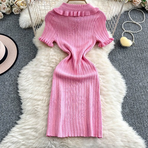 iiniim Womens Elegant Knitted Bodycon Dress Ruffled Lapel Short Sleeve Vintage - Picture 13 of 46