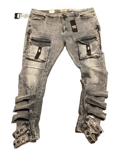 XOA Xtra Ordinaire Apparel Blue Cargo Denim Jeans Paint Splat Buckle Sz 46 NWT - Picture 1 of 7