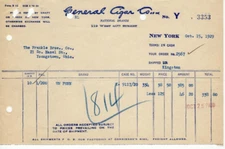 1929 General Cigar Co. Tobacco Co. Bill Receipt New York - Frankle Bros Co. Youn