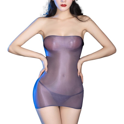 Women Sheer Glossy Bodycon Dress Strapless Tube Dress with G-string Nightwear - 第 79/109 張圖片