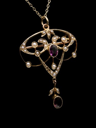 Art Nouveau 9ct gold amethyst & pearl pendant brooch & chain SUMMER SALE PRICE! - Picture 3 of 10