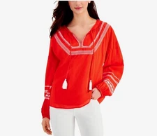 Style & Co Embroidered Woven Peasant Top Loving RED Size Medium