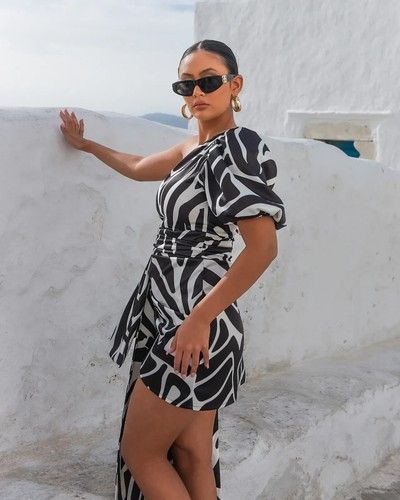 Forever Unique One Shoulder Puff Sleeve Drape Detail Mini Dress Sz UK12 - Picture 6 of 15