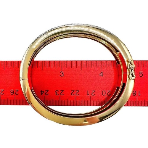 Pair of 14k Yellow Gold Oval Bangles with Pave Diamonds on across the Top - Picture 9 of 13