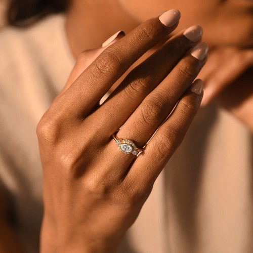 Bezel Set East To West Sterling Silver Three Stone Halo Moissanite Oval Cut Ring - Picture 2 of 3