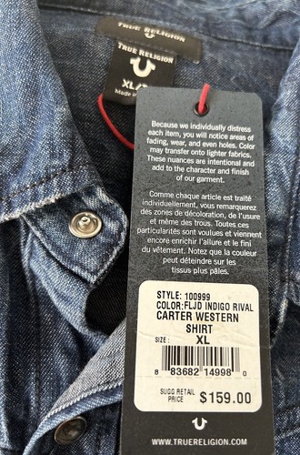 Camicia uomo True Religion denim carter western taglia XL, nuova con etichetta - Foto 11 di 12