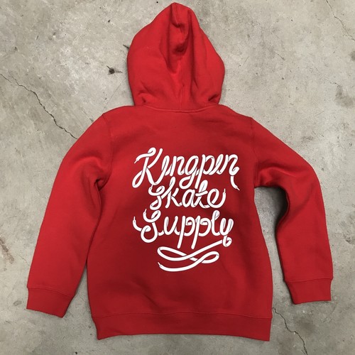 KINGPIN SKATE SUPPLY YOUTH HOOD HOODY SHOELACE PRINT RED - Picture 2 of 3