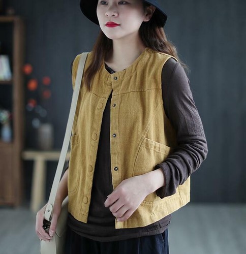 New Women Cotton Vest Casual Button sleeveless Jacket Coat Waistcoat Loose Retro - Picture 12 of 15