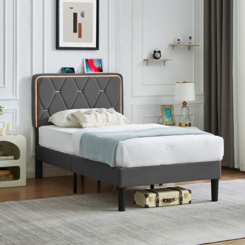 Bed Frame with LED Light USB Ports Queen Full Twin Size Headboard Platform Bed - Picture 39 of 42