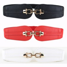 Lady Women Stylish Gold Double Buckle Belt Leather Stretchy Dress Waist Band HOT