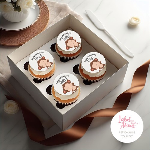 24 x PERSONALISED Monkey Birthday Party Cupcake Edible Toppers Cake Favour Thank - Picture 2 of 3