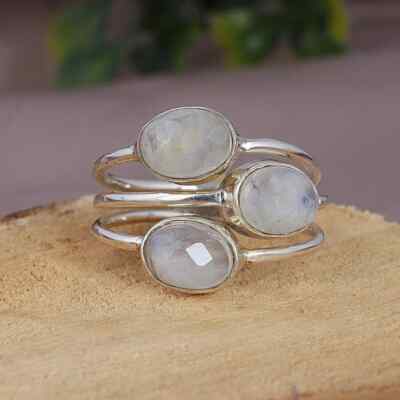 Rainbow Moonstone 925 Sterling Silver Band & Statement Ring  Handmade All Size