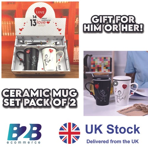 GIFT PACK OF 2 Ceramic Love Cup Embossed Couple Cup 350ml-Gift For Him or Her - Picture 1 of 4