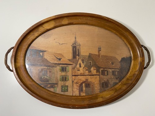 Altes geschnitztes Holztablett Louis Bollinger (signiert Boli), Pyrogravur - Bild 1 von 5