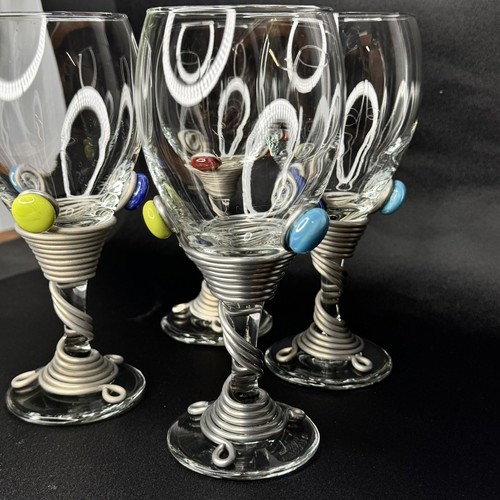 Set of 4 Handcrafted Wired Beaded Wrapped Stem Wine Glass Colorful Fun Glasses - Picture 6 of 8