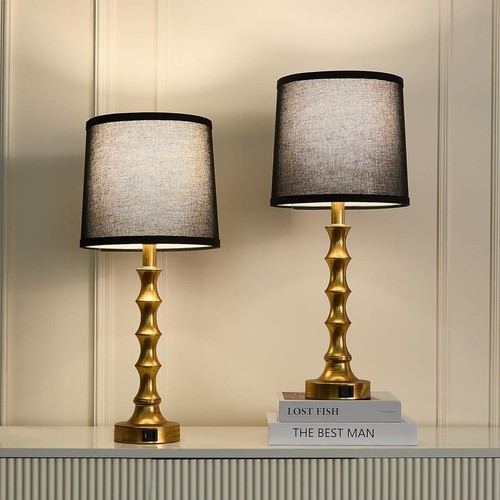 Gold Table Lamp 24" Nightstand Lamps Set of 2 Bamboo Shape Base Metal Desk La... - Picture 2 of 8