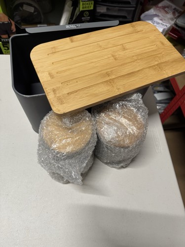 Tower T826140GRY Scandi 4 Piece Bamboo Storage Set with Bread Bin Biscuit DENT - Picture 3 of 5