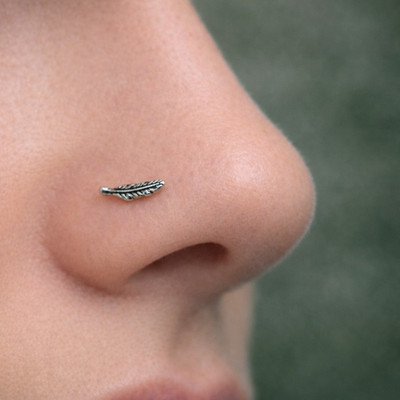 Feder Nasenstecker 925 Sterling Silber Kugelende Pfosten Ethno Körperschmuck