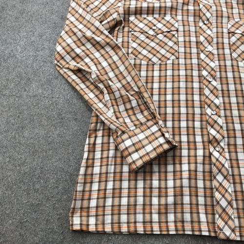 Vintage JCPenney Shirt Mens Large Brown Orange Plaid Western Pearl Snap 70s - Picture 2 of 10