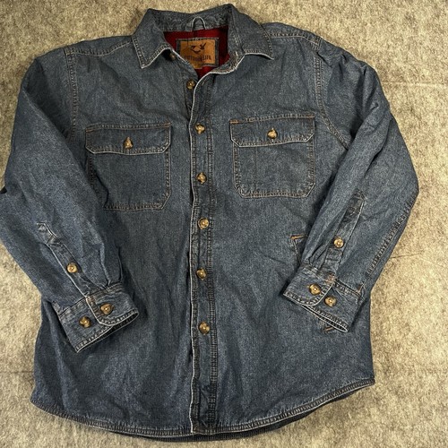 Outdoor Life Men’s Denim Shirt Jacket Plaid Fleece Lined Shacket Medium Workwear - Picture 1 of 12