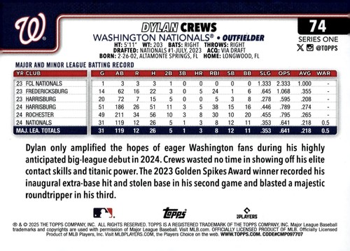 2025 Topps Team Color Border Variations #74 Rookie Dylan Crews RC SP - NM-MT - Picture 2 of 2