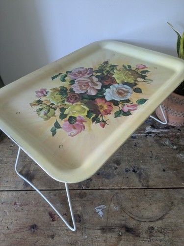 Vintage Retro Folding Lap Tray Breakfast Table Floral Rose Bouquet Prop Film TV - Picture 9 of 13