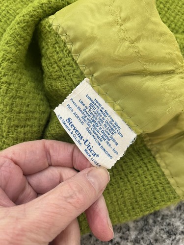 Vtg Green Waffle Blanket With Satin Trim 68x86 Needs Repair Made In USA - Picture 2 of 8