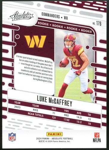2024 Panini Absolute - Rookies Luke McCaffrey #176 RC rookie card Commanders - Picture 2 of 2