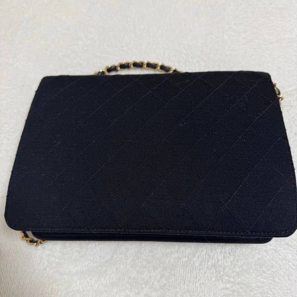 Auténtico bolso de hombro Chanel Matelasse cadena algodón negro logotipo CC bloqueo a presión vintage Foto 4 de 4