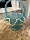 FENTON Charleston Collection 2002 Floral Blue Satin Glass Basket 9.5" Signed