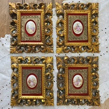 Vintage Small Rococo Ornate Gilt Baroque Framed Courting Couple Cameos Set of 4