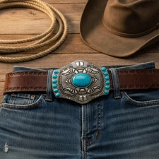 Men Women Silver Metal Belt Buckle Southwestern Ethnic Bold Turquoise Blue Color