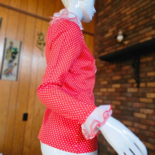 Vtg 1960s British Invasion Mod Ruffle Tuxedo Polka Dot Go Go Blouse Top Shirt M - Picture 9 of 11