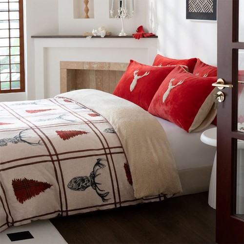 Stag Print Teddy Fleece Duvet Cover Set Reindeer Design Plush Winter Bedding Set - Picture 6 of 12