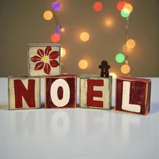 NOEL Hand Painted Blocks Letters Wood Primitive Country Christmas Decoration