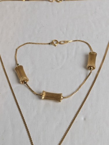 14K Yellow Gold Chain Necklace Reeded Barrel Dangles w Matching Bracelet 5.5 gr - Picture 10 of 13