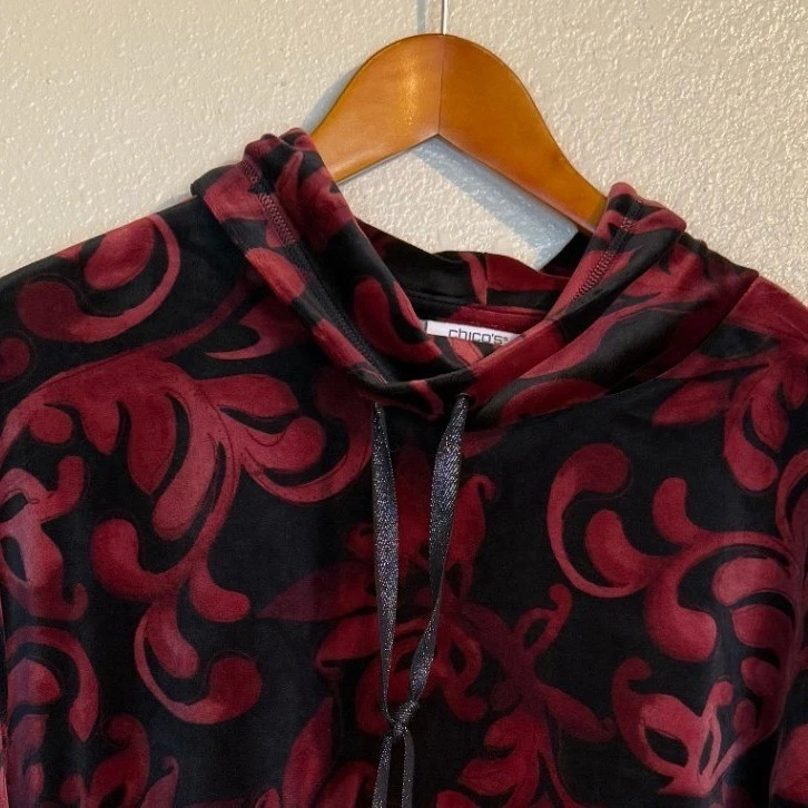 Chicos Top Women 3 XL Red Black Velvet Burnout Floral Cowl Neck Cozy Holiday - Image 2 of 4