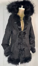 $1,400 Luxurious Black Toscana Shearling Sheepskin Fur Hood Jacket Coat Sz M