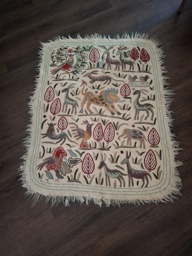 Kaschmir Tiere/Vögel Teppich Wandteppich 37x48 Alpaka Wolle Vintage Kinderzimmer Wand
