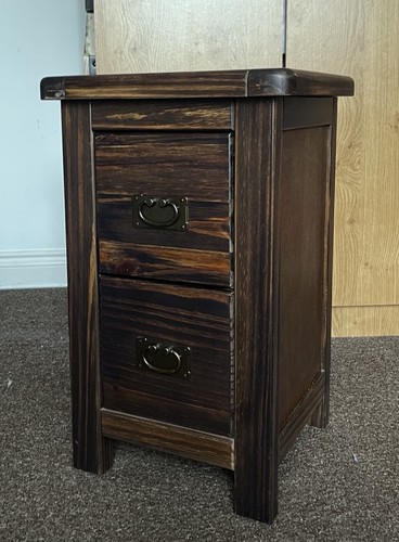 Dark Wood Bedside Cabinet Solid Pine 2 Drawer Side Table Nightstand Metal Handle - Picture 2 of 6