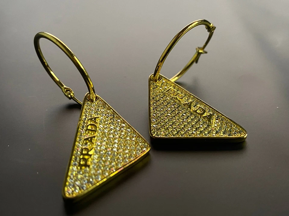 Prada Gold Pave Sparkling Crystal Triangle Hoop Earrings - Image 3 of 4