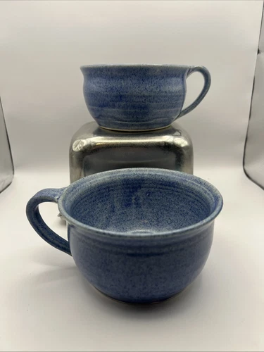 2 Vintage Pottery Coffee Mugs John Garrow Signed Hand Made Blue Beautiful