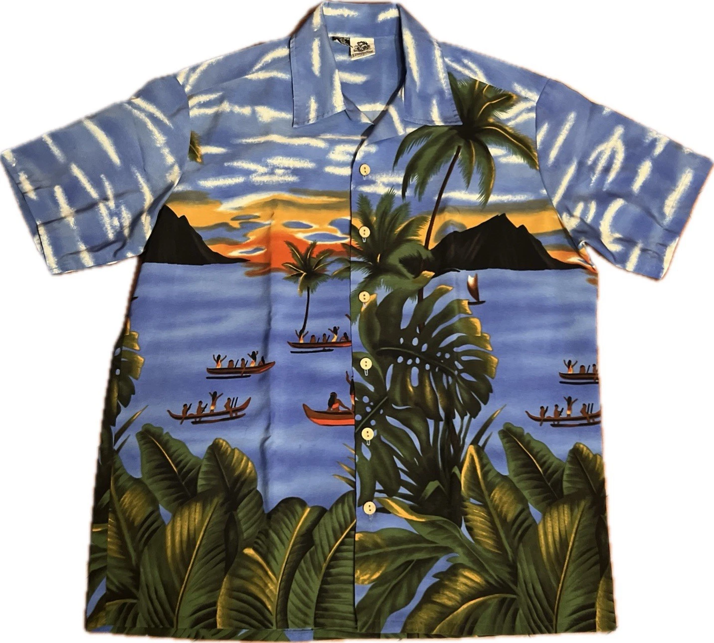 Kennington Ltd Hawaiian Style Men L Button Shirt Aloha Beach Palm Tree Waʻa Sail
